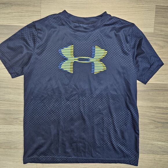 UNDER ARMOUR Boys Blue Neon Yellow Activewear Heat Gear Shirt Large - Picture 1 of 6